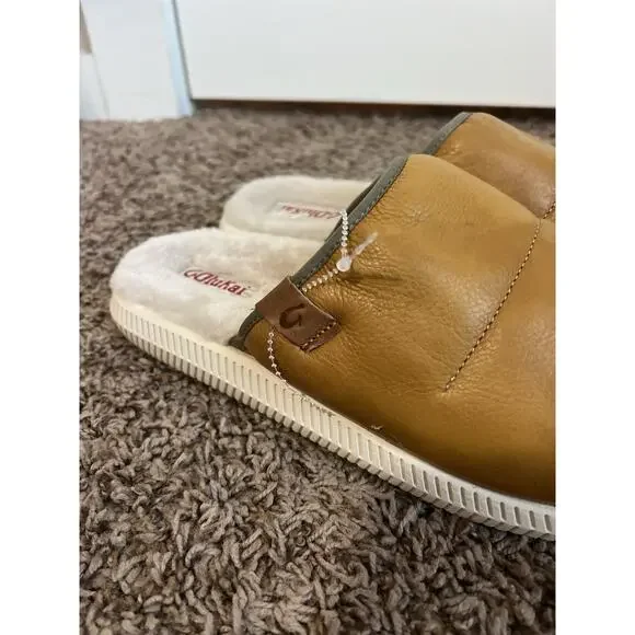 OluKai Mua ’Ili Men’s Leather Slip-On Slippers 11 Shearling Lined Tan Brown